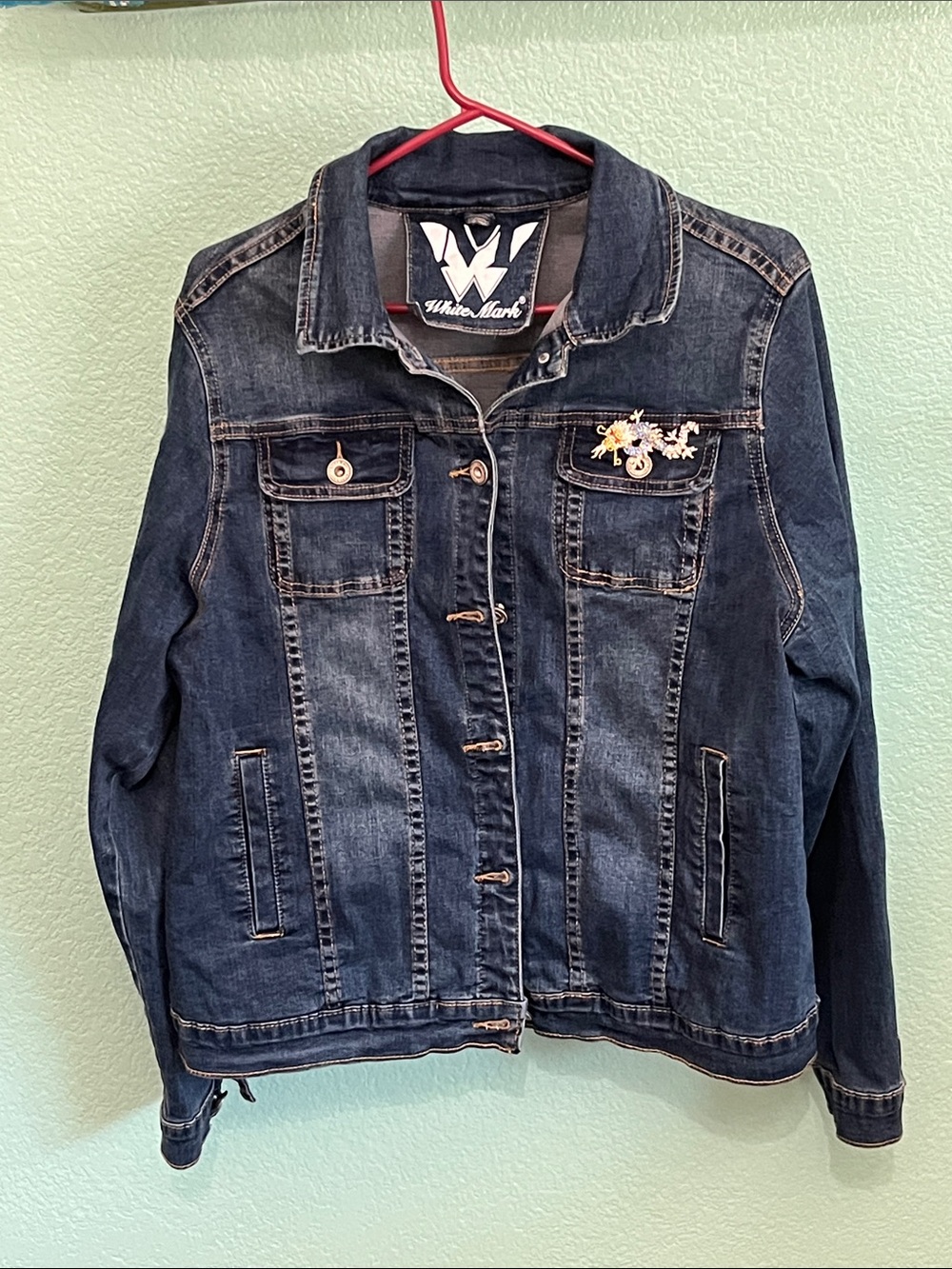 White Mark Dark Blue Denim Jean Jacket with dragon art - Picture 2 of 6